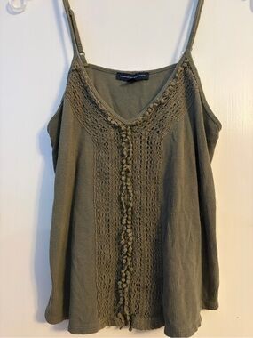 American Eagle Outfitters Olive Crochet-Front Spaghetti Strap Cropped Tank T1